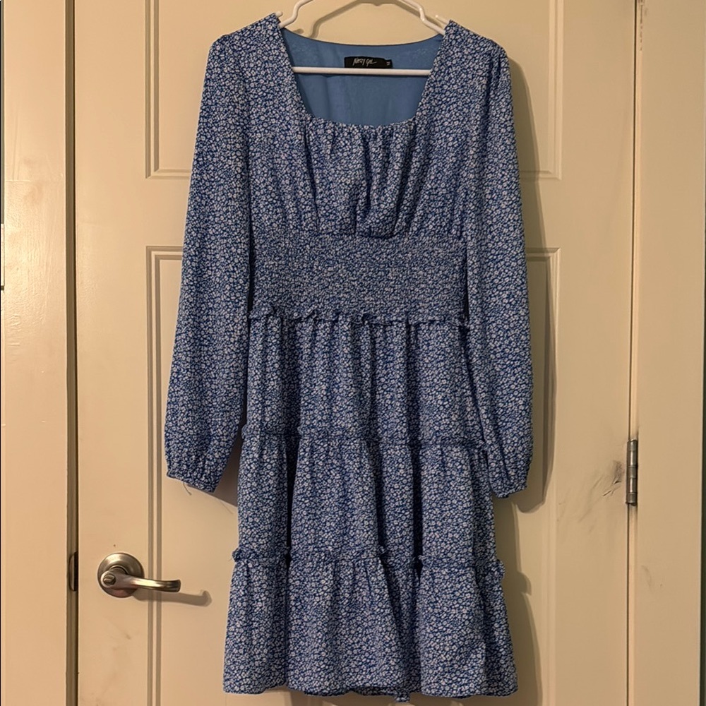 Nasty Gal Blue and White Floral Tiered Dress with Bishop Sleeves
